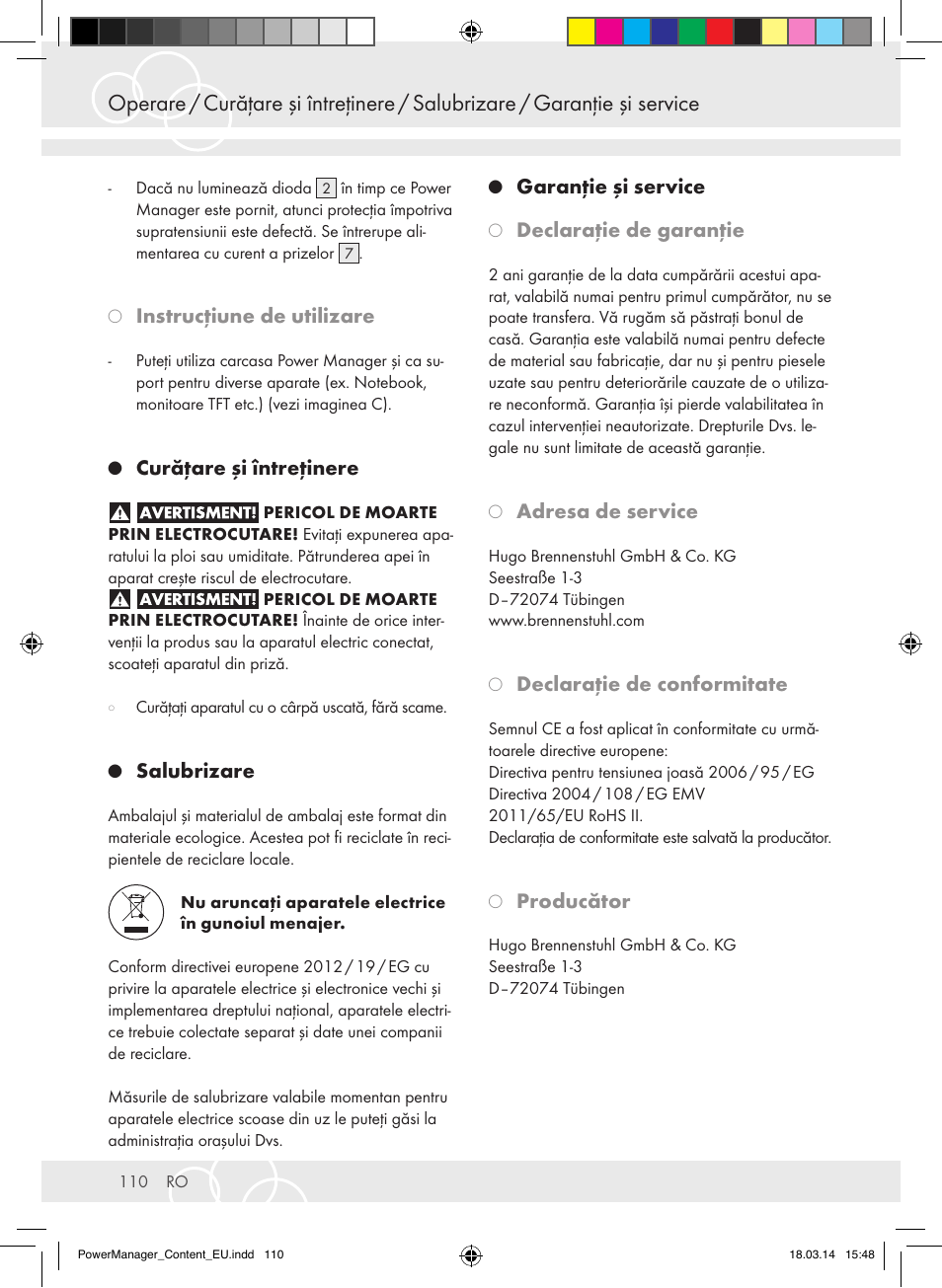 Instrucţiune de utilizare, Curăţare şi întreţinere, Salubrizare | Garanţie şi service, Declaraţie de garanţie, Adresa de service, Declaraţie de conformitate, Producător | Brennenstuhl Power Manager PMA 19.500A surge protection 6-way 2m H05VV-F 3G1,5 User Manual | Page 110 / 127