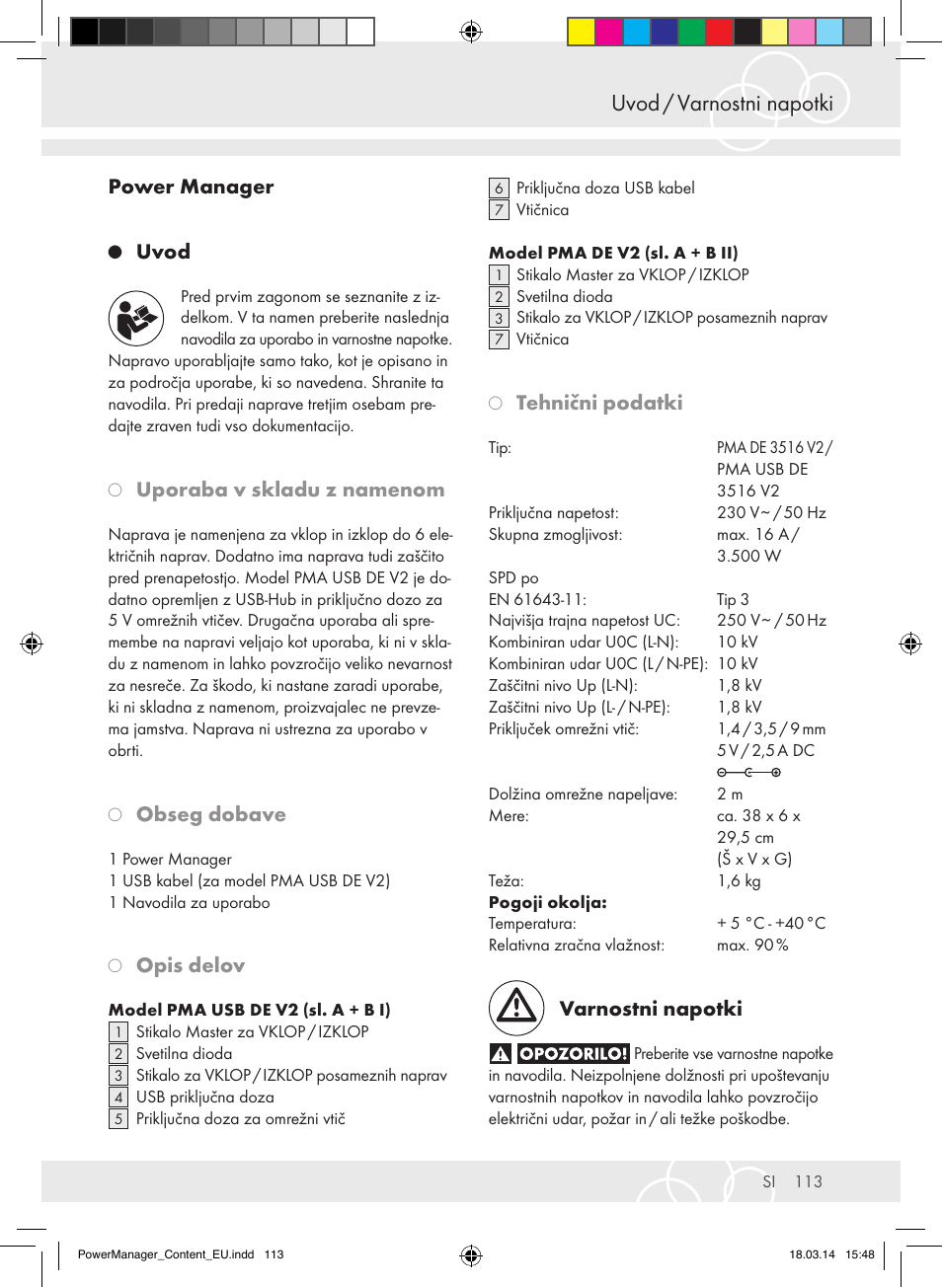 Uvod / varnostni napotki, Power manager, Uvod | Uporaba v skladu z namenom, Obseg dobave, Opis delov, Tehnični podatki, Varnostni napotki | Brennenstuhl Power Manager PMA 19.500A surge protection 6-way 2m H05VV-F 3G1,5 User Manual | Page 113 / 127