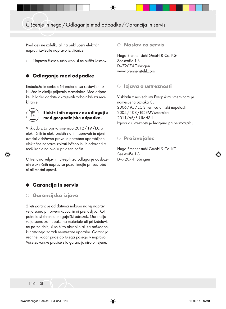Odlaganje med odpadke, Garancija in servis, Garancijska izjava | Naslov za servis, Izjava o ustreznosti, Proizvajalec | Brennenstuhl Power Manager PMA 19.500A surge protection 6-way 2m H05VV-F 3G1,5 User Manual | Page 116 / 127