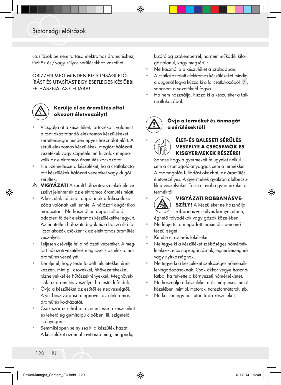 Biztonsági előírások | Brennenstuhl Power Manager PMA 19.500A surge protection 6-way 2m H05VV-F 3G1,5 User Manual | Page 120 / 127