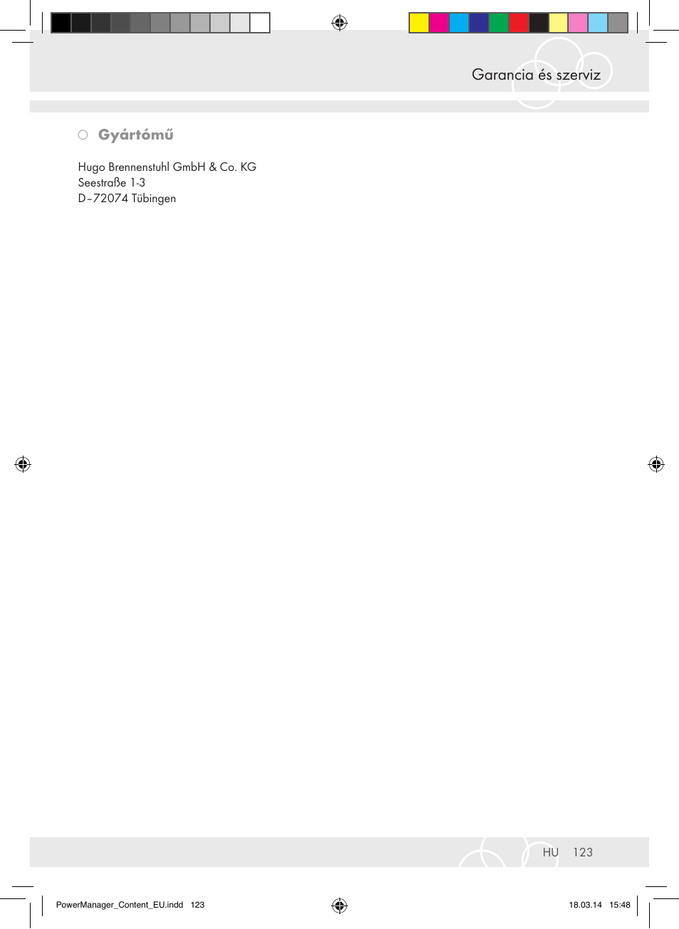 Garancia és szerviz, Gyártómű | Brennenstuhl Power Manager PMA 19.500A surge protection 6-way 2m H05VV-F 3G1,5 User Manual | Page 123 / 127
