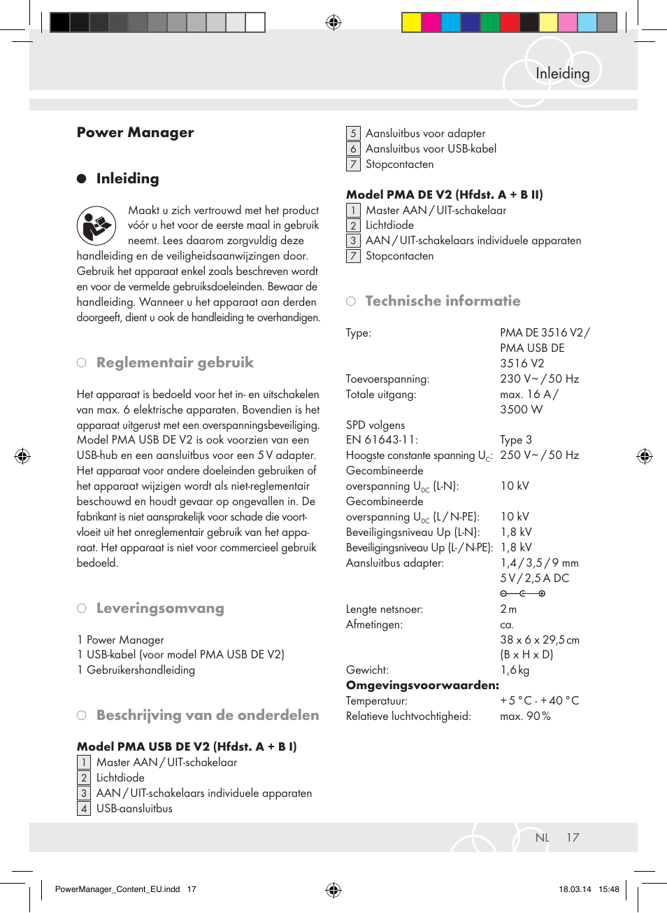Inleiding, Power manager, Reglementair gebruik | Leveringsomvang, Beschrijving van de onderdelen, Technische informatie | Brennenstuhl Power Manager PMA 19.500A surge protection 6-way 2m H05VV-F 3G1,5 User Manual | Page 17 / 127