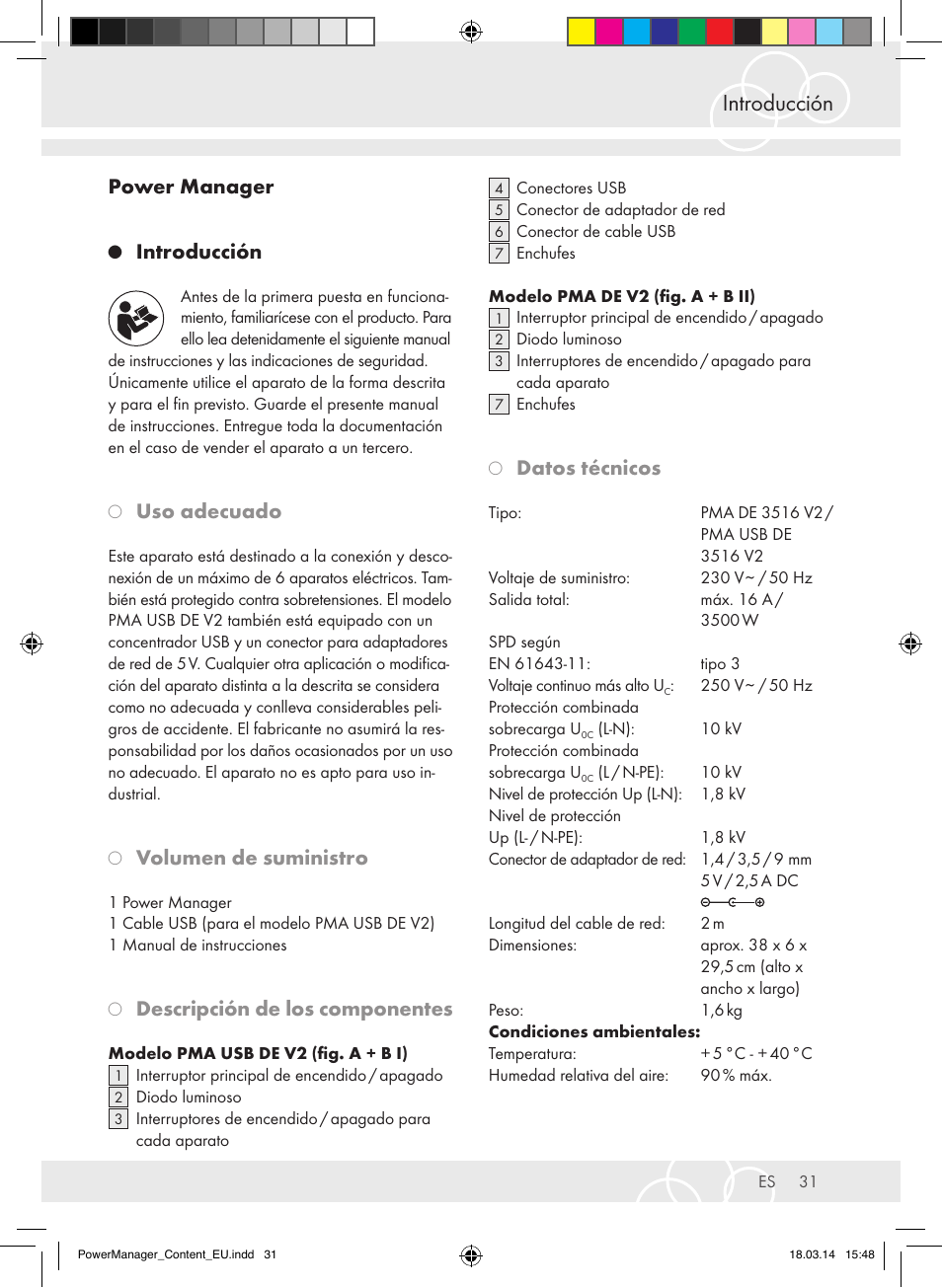 Introducción, Power manager, Uso adecuado | Volumen de suministro, Descripción de los componentes, Datos técnicos | Brennenstuhl Power Manager PMA 19.500A surge protection 6-way 2m H05VV-F 3G1,5 User Manual | Page 31 / 127