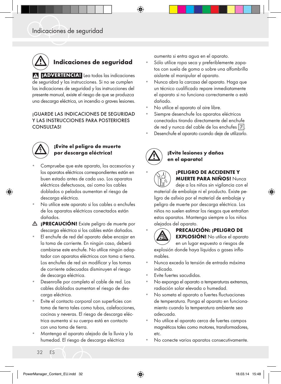 Indicaciones de seguridad | Brennenstuhl Power Manager PMA 19.500A surge protection 6-way 2m H05VV-F 3G1,5 User Manual | Page 32 / 127