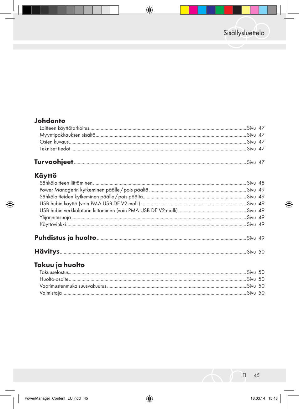 Sisällysluettelo | Brennenstuhl Power Manager PMA 19.500A surge protection 6-way 2m H05VV-F 3G1,5 User Manual | Page 45 / 127