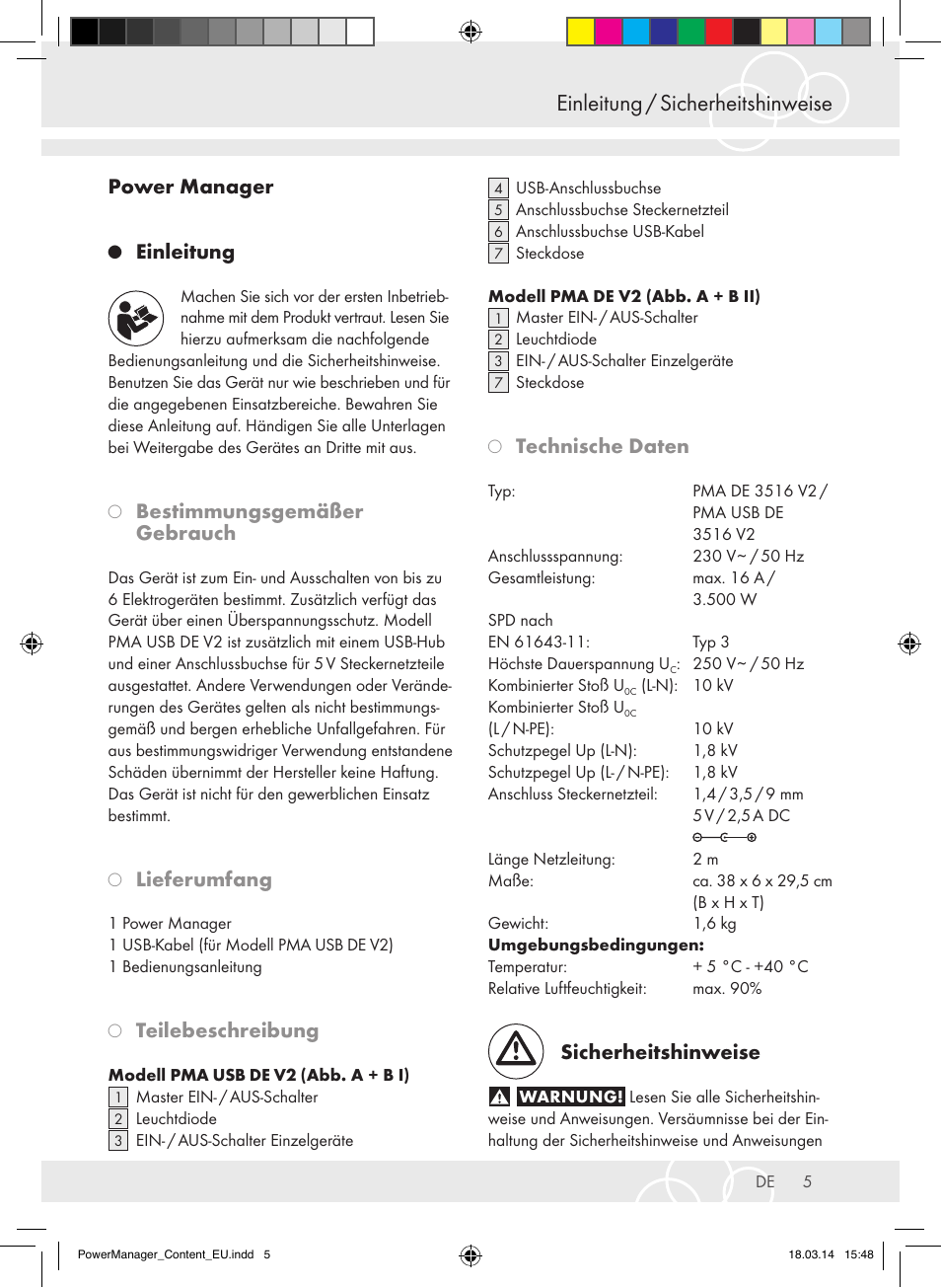 Einleitung / sicherheitshinweise, Power manager, Einleitung | Bestimmungsgemäßer gebrauch, Lieferumfang, Teilebeschreibung, Technische daten, Sicherheitshinweise | Brennenstuhl Power Manager PMA 19.500A surge protection 6-way 2m H05VV-F 3G1,5 User Manual | Page 5 / 127