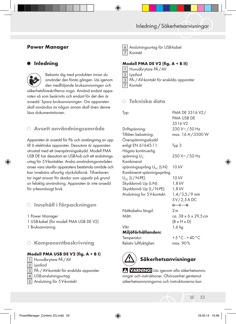 Inledning / säkerhetsanvisningar, Power manager, Inledning | Avsett användningsområde, Innehåll i förpackningen, Komponentbeskrivning, Tekniska data, Säkerhetsanvisningar | Brennenstuhl Power Manager PMA 19.500A surge protection 6-way 2m H05VV-F 3G1,5 User Manual | Page 53 / 127