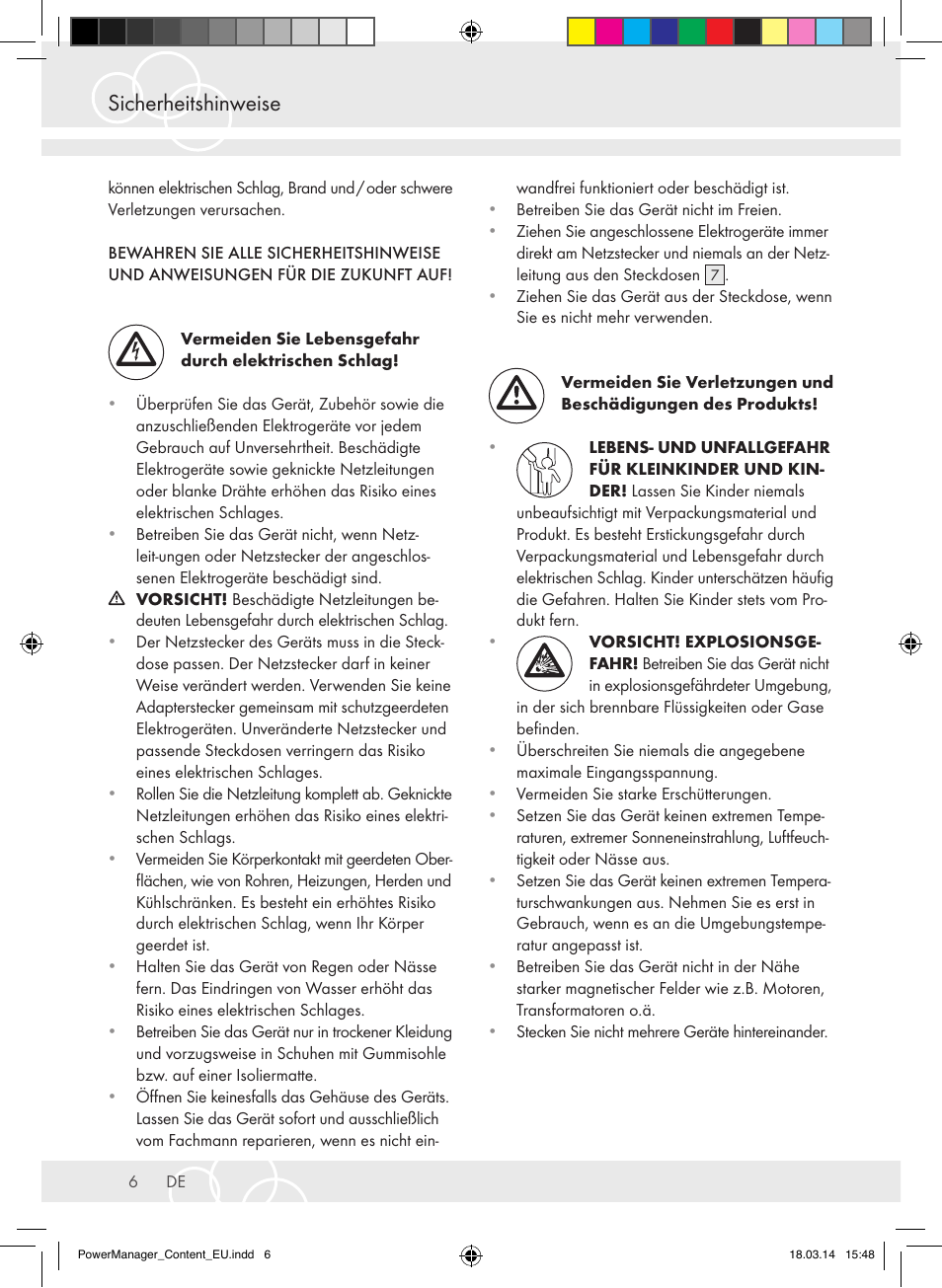 Sicherheitshinweise | Brennenstuhl Power Manager PMA 19.500A surge protection 6-way 2m H05VV-F 3G1,5 User Manual | Page 6 / 127