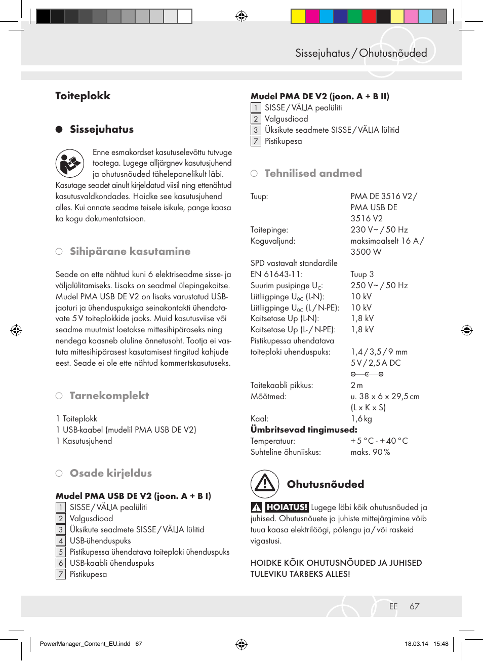 Sissejuhatus / ohutusnõuded, Toiteplokk, Sissejuhatus | Sihipärane kasutamine, Tarnekomplekt, Osade kirjeldus, Tehnilised andmed, Ohutusnõuded | Brennenstuhl Power Manager PMA 19.500A surge protection 6-way 2m H05VV-F 3G1,5 User Manual | Page 67 / 127