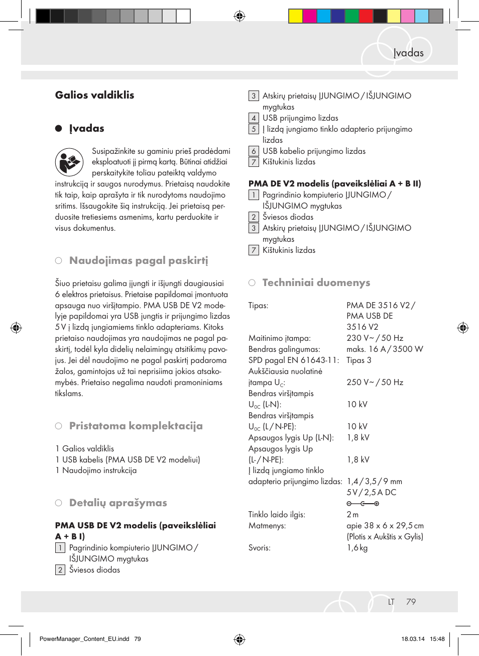 Įvadas, Galios valdiklis, Naudojimas pagal paskirtį | Pristatoma komplektacija, Detalių aprašymas, Techniniai duomenys | Brennenstuhl Power Manager PMA 19.500A surge protection 6-way 2m H05VV-F 3G1,5 User Manual | Page 79 / 127