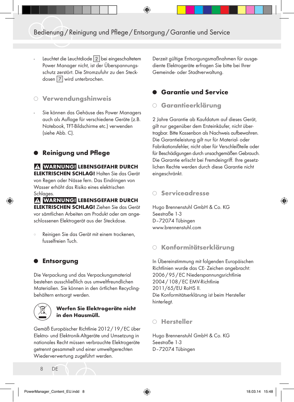 Verwendungshinweis, Reinigung und pflege, Entsorgung | Garantie und service, Garantieerklärung, Serviceadresse, Konformitätserklärung, Hersteller | Brennenstuhl Power Manager PMA 19.500A surge protection 6-way 2m H05VV-F 3G1,5 User Manual | Page 8 / 127