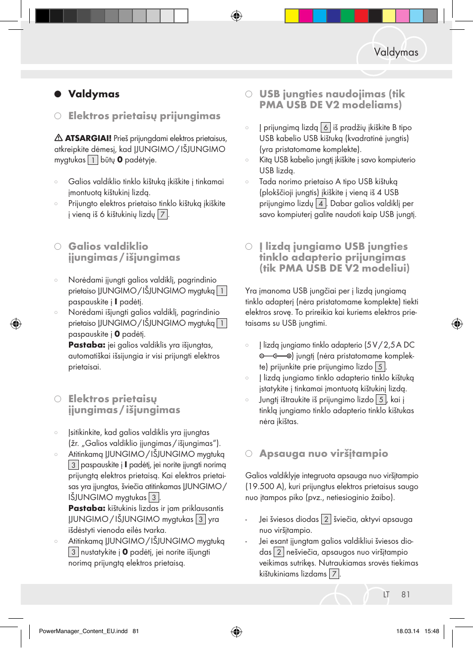 Valdymas, Elektros prietaisų prijungimas, Galios valdiklio įjungimas / išjungimas | Elektros prietaisų įjungimas / išjungimas, Apsauga nuo viršįtampio | Brennenstuhl Power Manager PMA 19.500A surge protection 6-way 2m H05VV-F 3G1,5 User Manual | Page 81 / 127