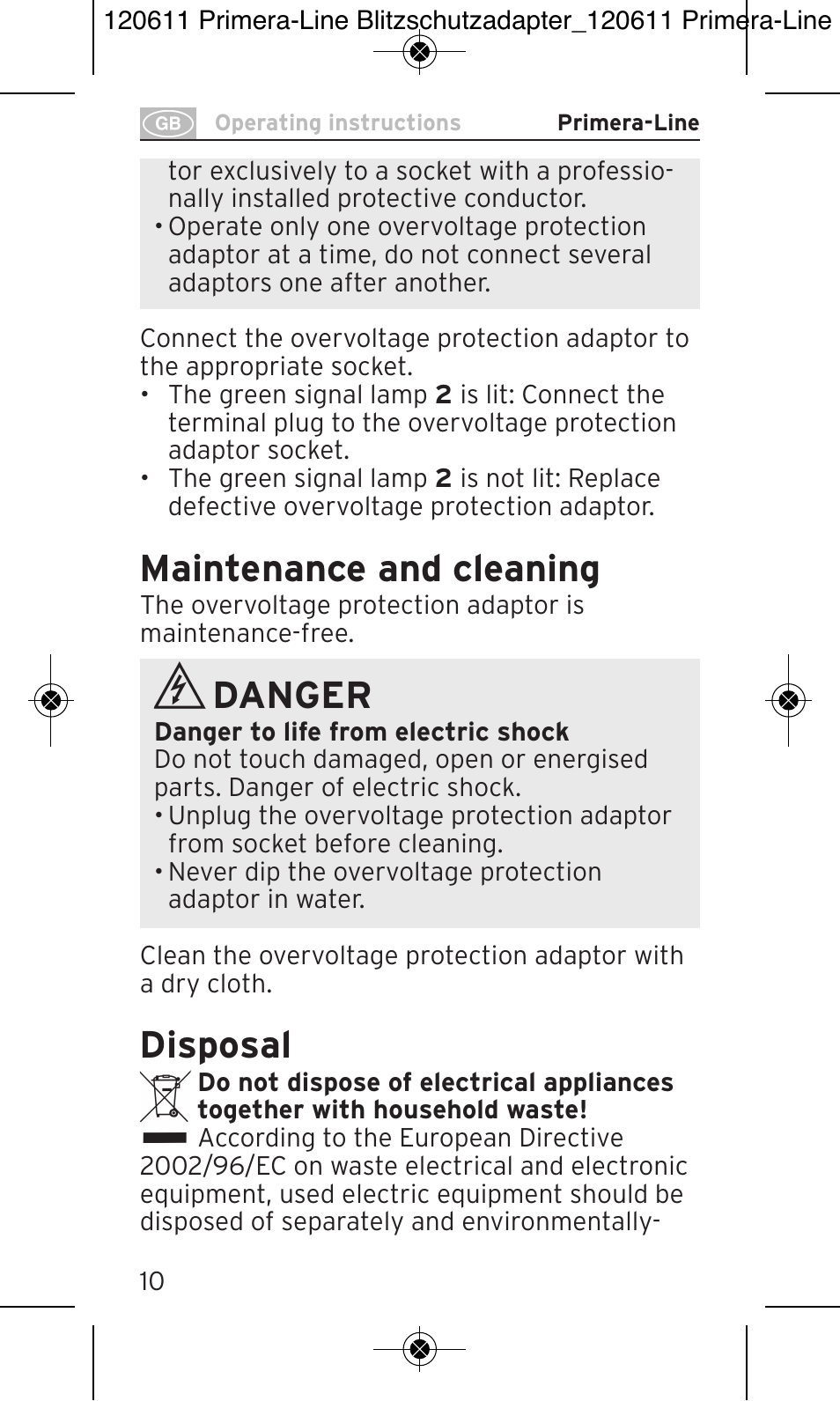 Maintenance and cleaning, Danger, Disposal | Brennenstuhl Primera-Line 13.500A surge protected adapter User Manual | Page 10 / 88