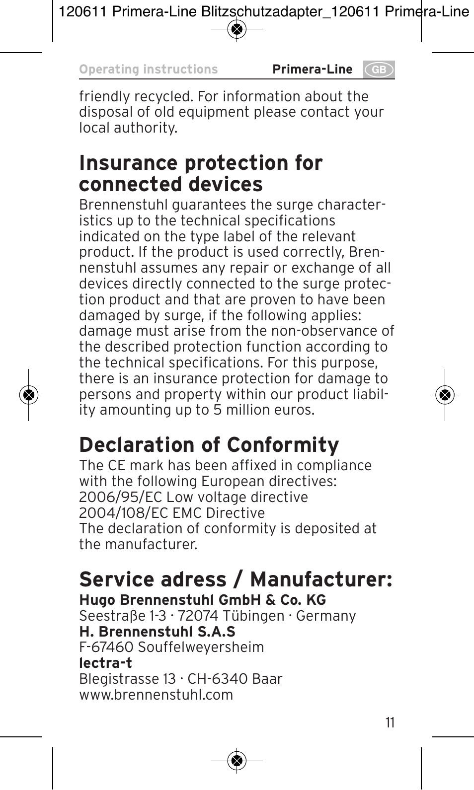 Insurance protection for connected devices, Declaration of conformity, Service adress / manufacturer | Brennenstuhl Primera-Line 13.500A surge protected adapter User Manual | Page 11 / 88