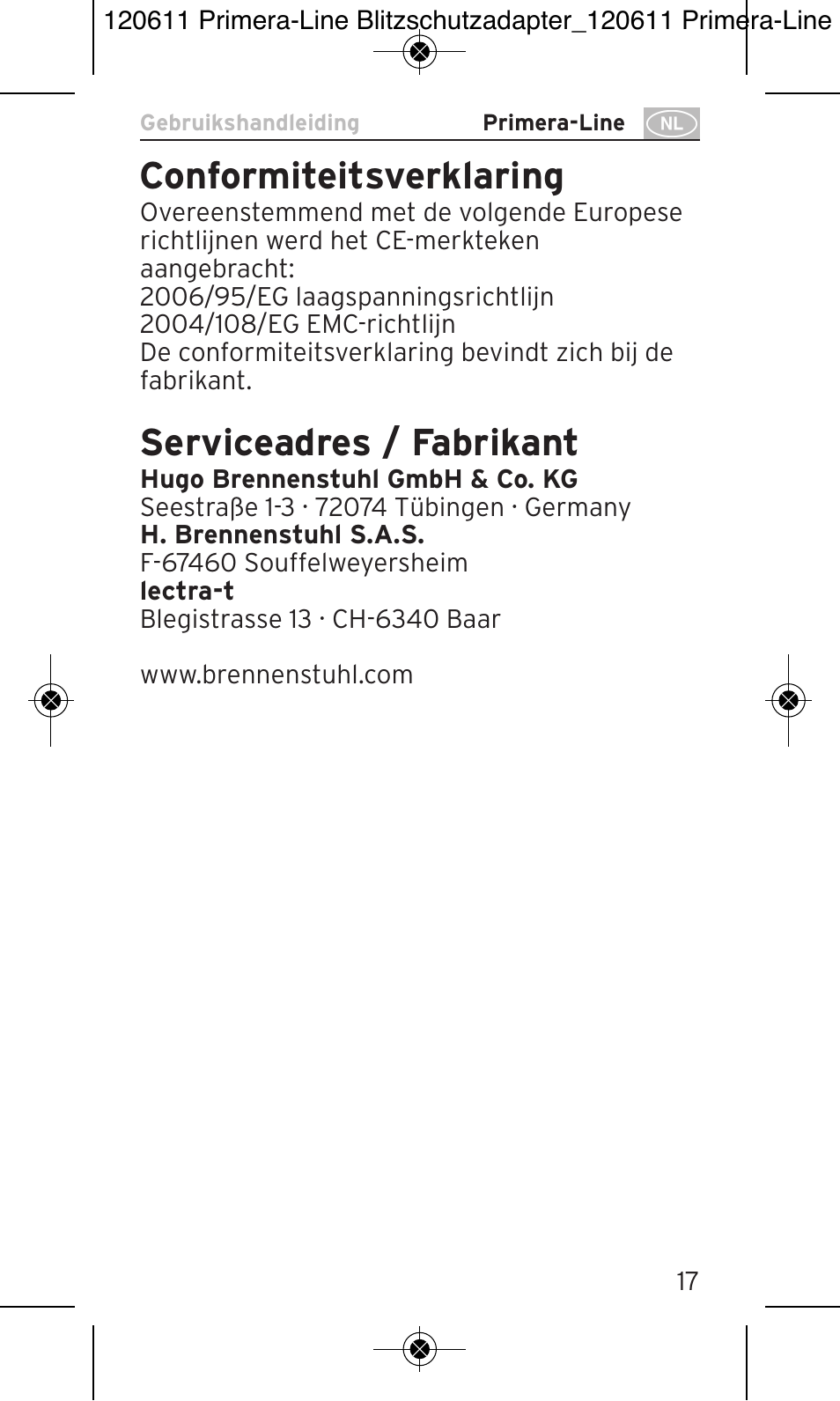 Conformiteitsverklaring, Serviceadres / fabrikant | Brennenstuhl Primera-Line 13.500A surge protected adapter User Manual | Page 17 / 88