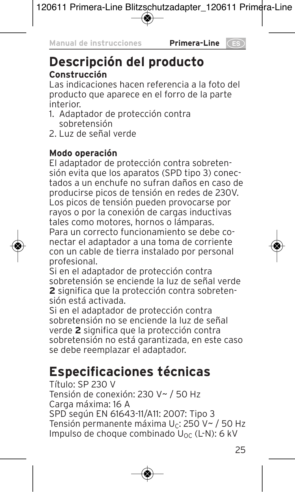 Descripción del producto, Especificaciones técnicas | Brennenstuhl Primera-Line 13.500A surge protected adapter User Manual | Page 25 / 88