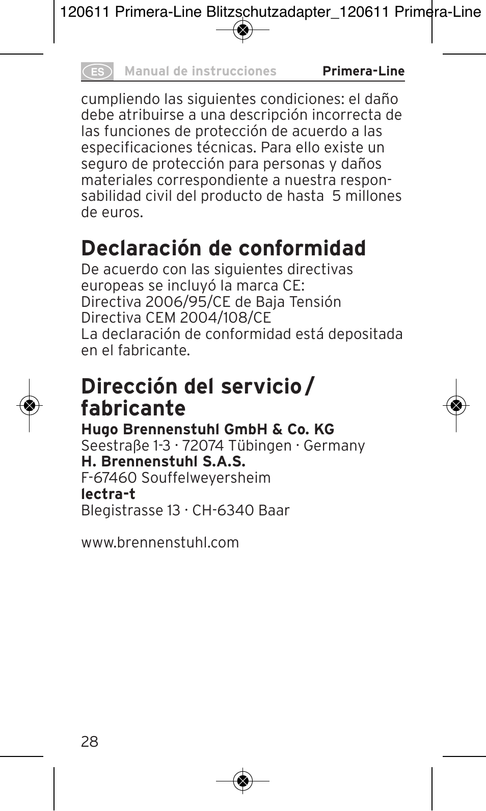 Declaración de conformidad, Dirección del servicio / fabricante | Brennenstuhl Primera-Line 13.500A surge protected adapter User Manual | Page 28 / 88