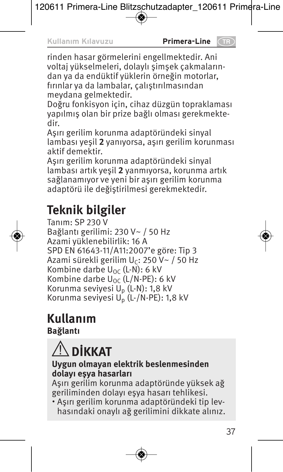 Teknik bilgiler, Kullanım, Dikkat | Brennenstuhl Primera-Line 13.500A surge protected adapter User Manual | Page 37 / 88