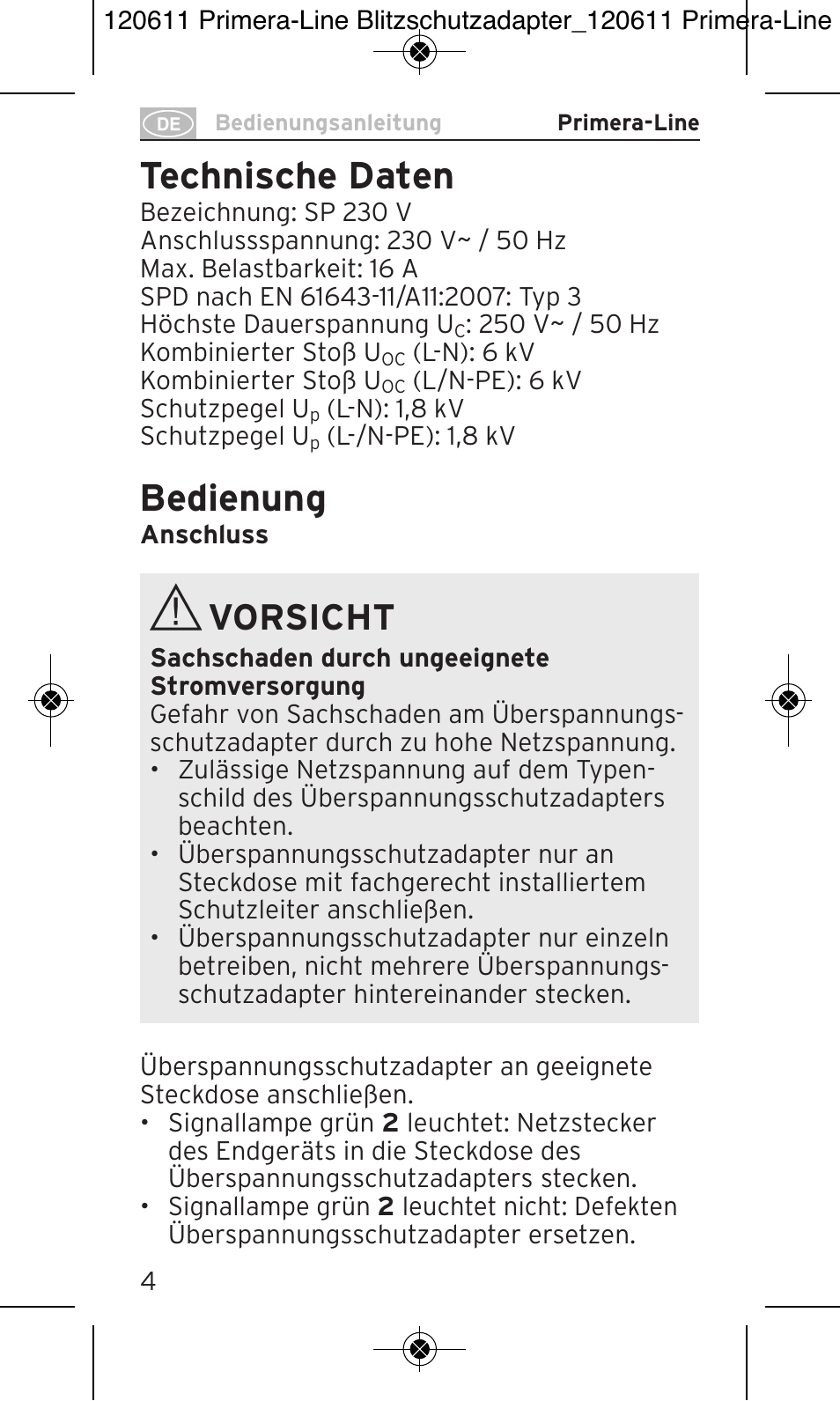 Technische daten, Bedienung, Vorsicht | Brennenstuhl Primera-Line 13.500A surge protected adapter User Manual | Page 4 / 88