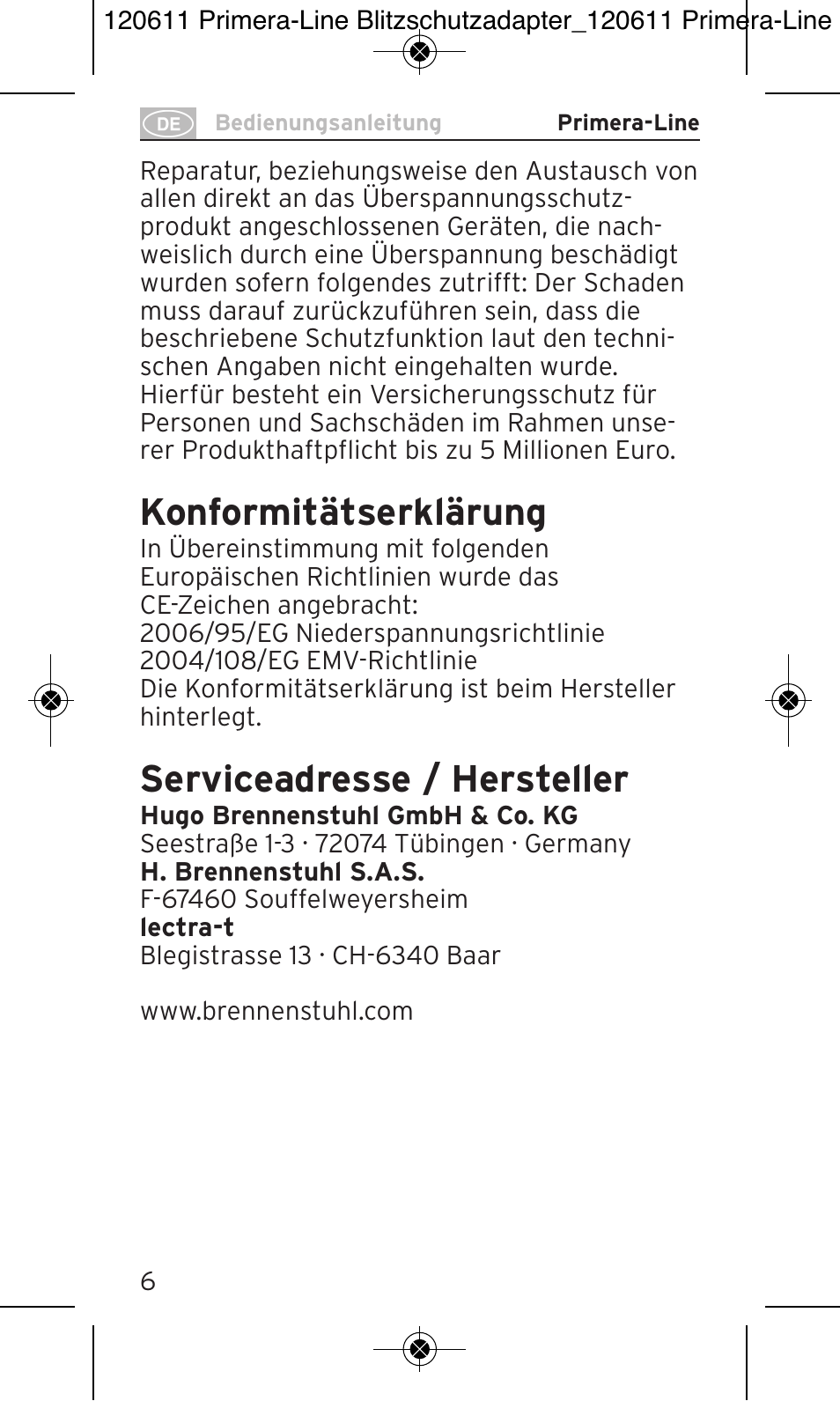 Konformitätserklärung, Serviceadresse / hersteller | Brennenstuhl Primera-Line 13.500A surge protected adapter User Manual | Page 6 / 88