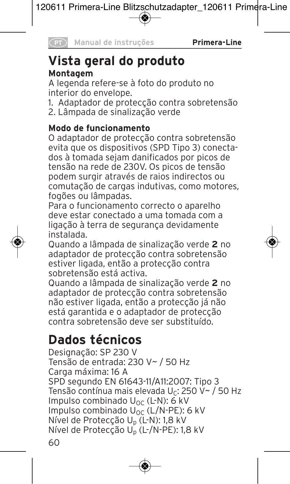 Vista geral do produto, Dados técnicos | Brennenstuhl Primera-Line 13.500A surge protected adapter User Manual | Page 60 / 88