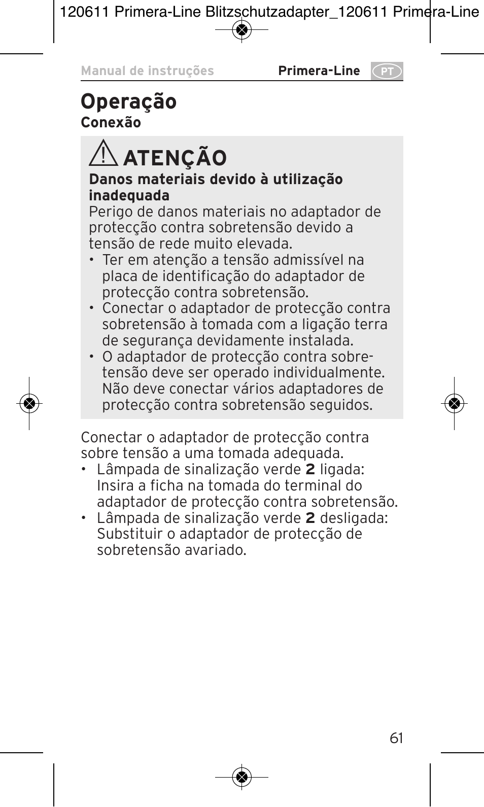 Operação, Atenção | Brennenstuhl Primera-Line 13.500A surge protected adapter User Manual | Page 61 / 88
