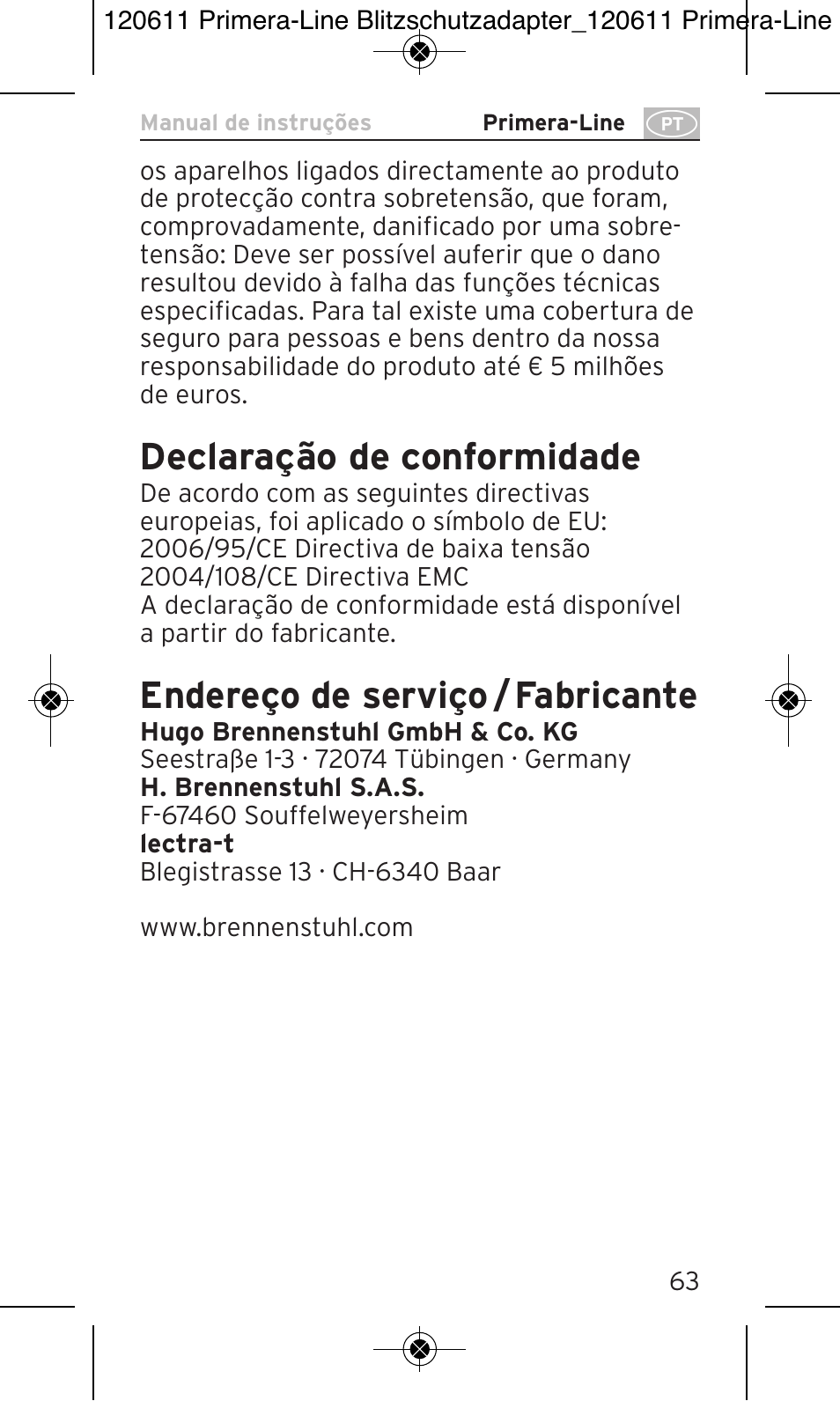 Declaração de conformidade, Endereço de serviço / fabricante | Brennenstuhl Primera-Line 13.500A surge protected adapter User Manual | Page 63 / 88