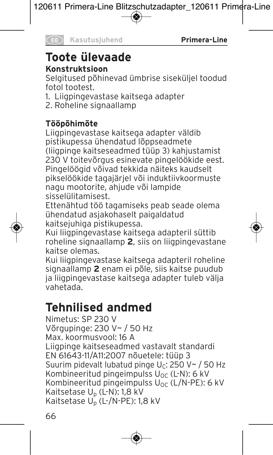 Toote ülevaade, Tehnilised andmed | Brennenstuhl Primera-Line 13.500A surge protected adapter User Manual | Page 66 / 88