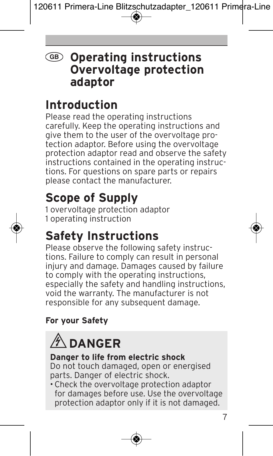 Scope of supply, Safety instructions, Danger | Brennenstuhl Primera-Line 13.500A surge protected adapter User Manual | Page 7 / 88