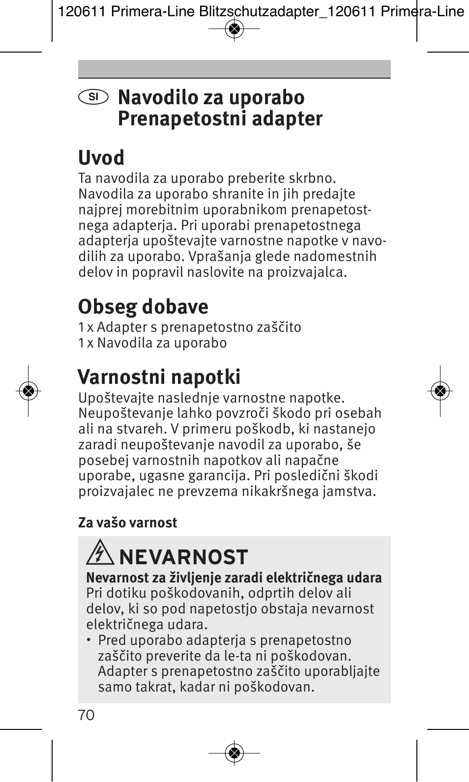Navodilo za uporabo prenapetostni adapter uvod, Obseg dobave, Varnostni napotki | Nevarnost | Brennenstuhl Primera-Line 13.500A surge protected adapter User Manual | Page 70 / 88
