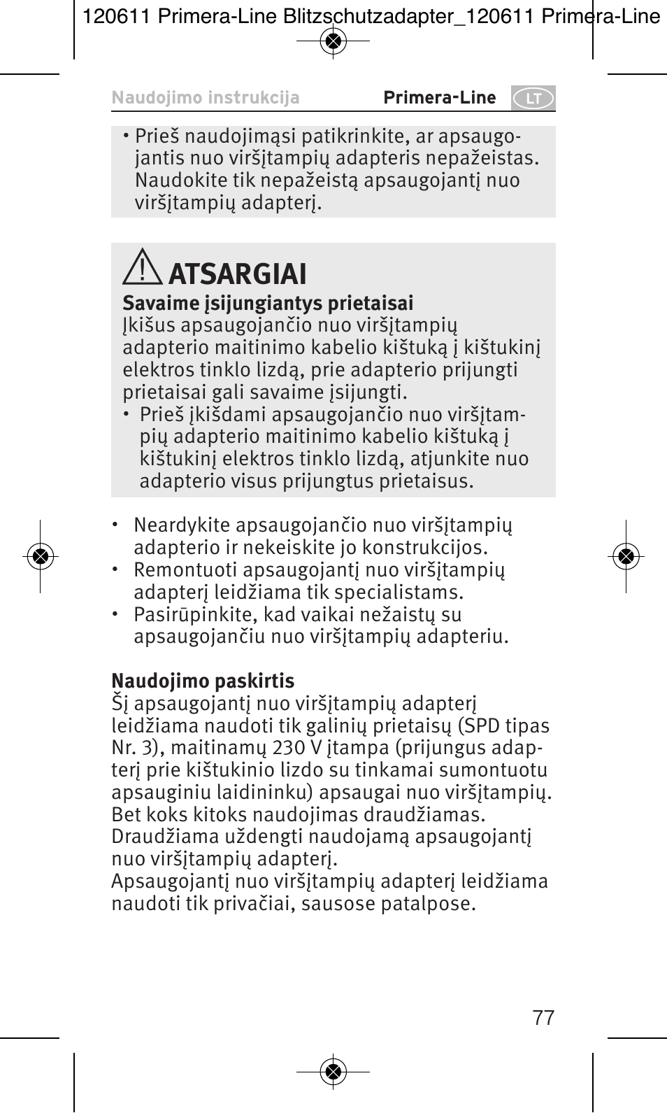 Atsargiai | Brennenstuhl Primera-Line 13.500A surge protected adapter User Manual | Page 77 / 88