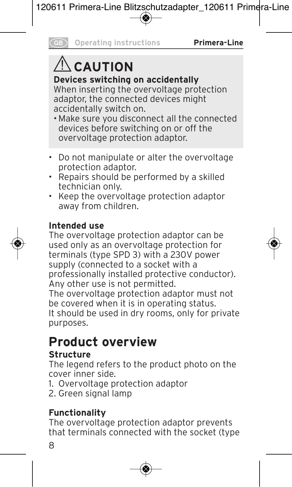 Caution, Product overview | Brennenstuhl Primera-Line 13.500A surge protected adapter User Manual | Page 8 / 88