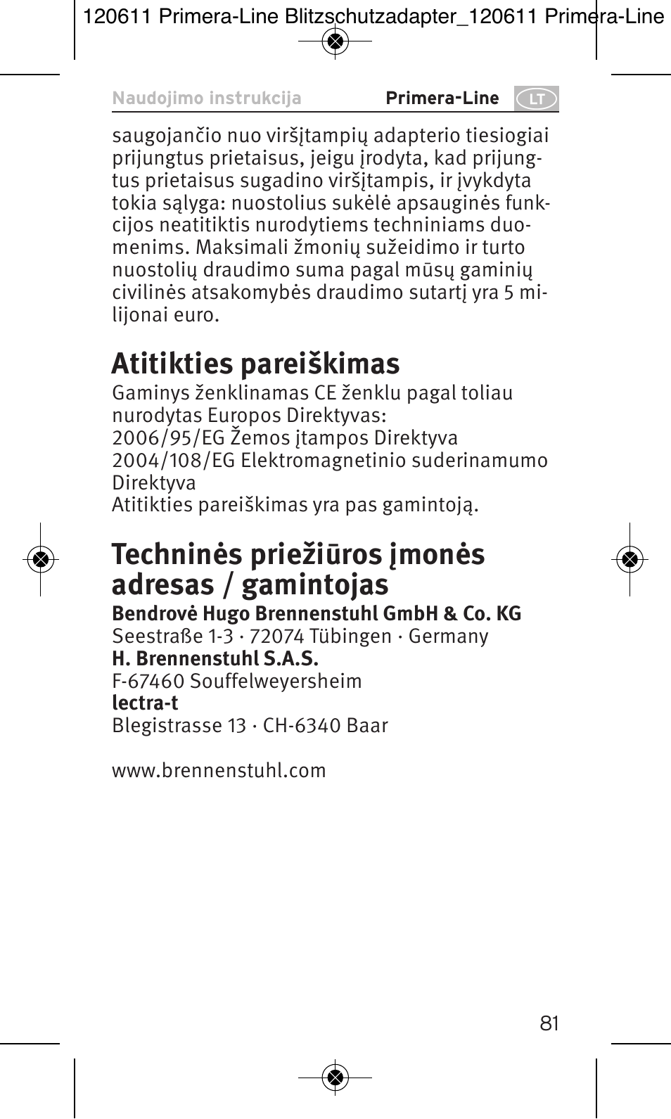 Atitikties pareiškimas, Techninės priežiūros įmonės adresas / gamintojas | Brennenstuhl Primera-Line 13.500A surge protected adapter User Manual | Page 81 / 88