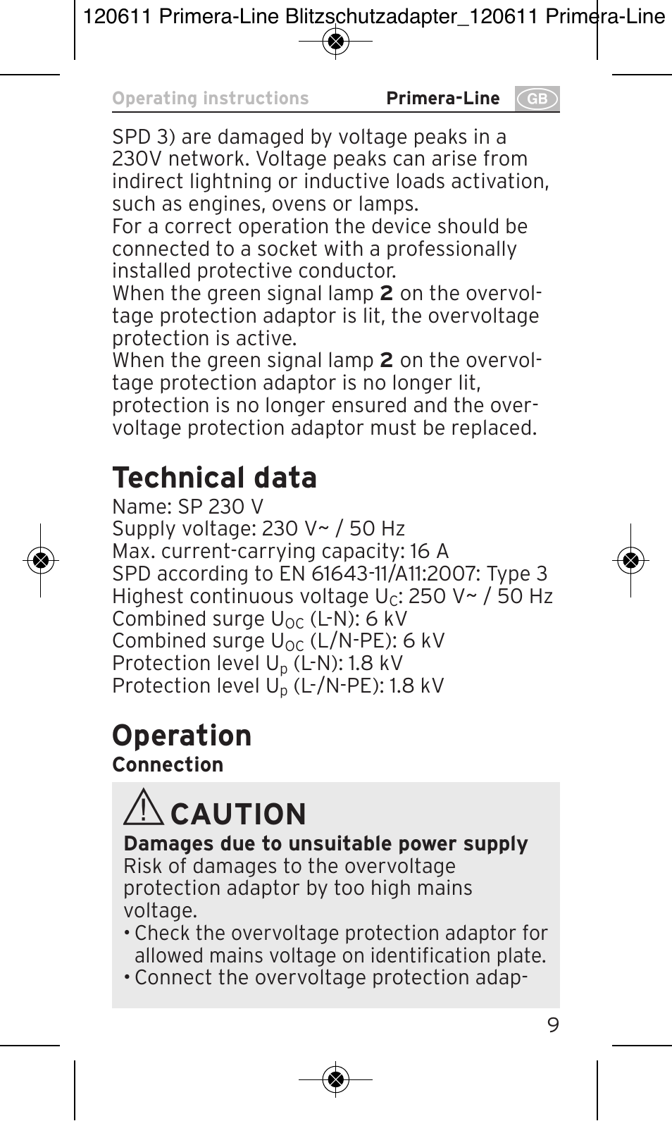 Technical data, Operation, Caution | Brennenstuhl Primera-Line 13.500A surge protected adapter User Manual | Page 9 / 88