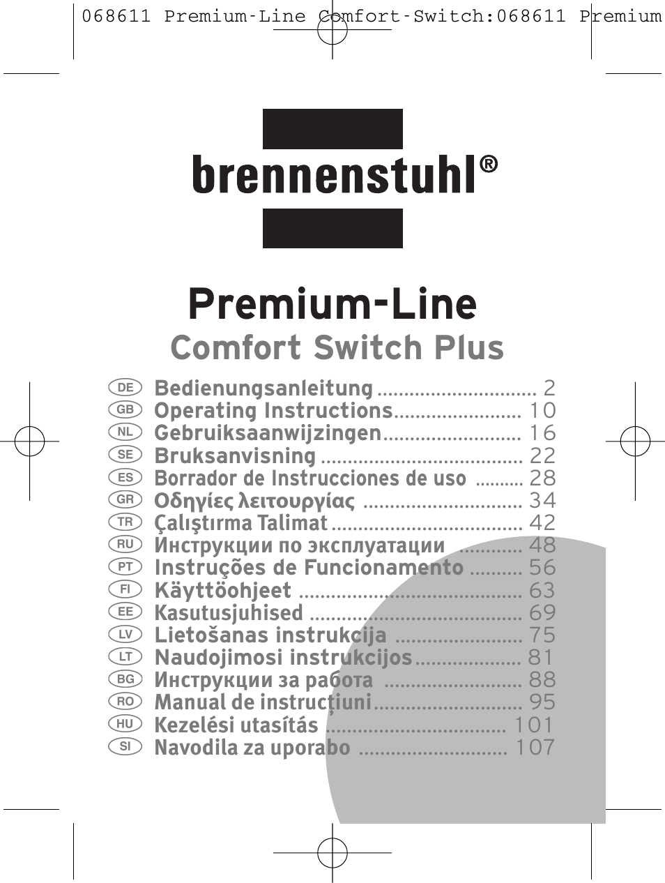 Brennenstuhl Premium-Line Comfort Switch Plus extension socket 6-way black/light grey 3m H05VV-F 3G1,5 User Manual | 116 pages