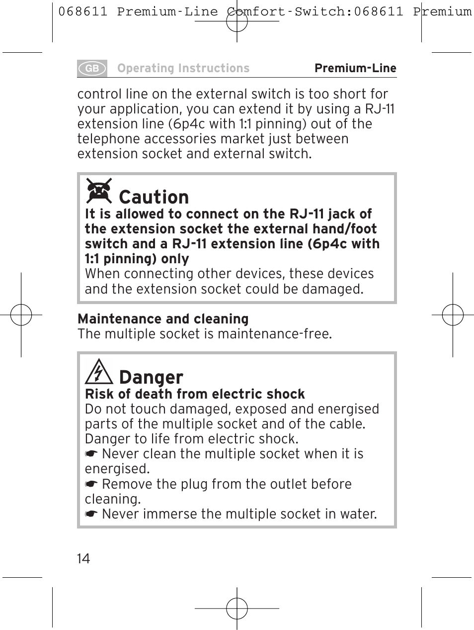 Caution, Danger | Brennenstuhl Premium-Line Comfort Switch Plus extension socket 6-way black/light grey 3m H05VV-F 3G1,5 User Manual | Page 14 / 116