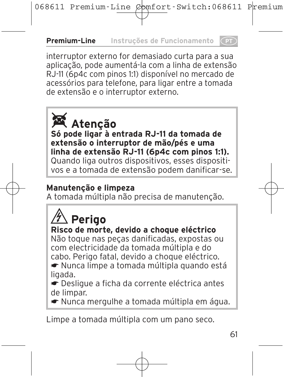 Atenção, Perigo | Brennenstuhl Premium-Line Comfort Switch Plus extension socket 6-way black/light grey 3m H05VV-F 3G1,5 User Manual | Page 61 / 116