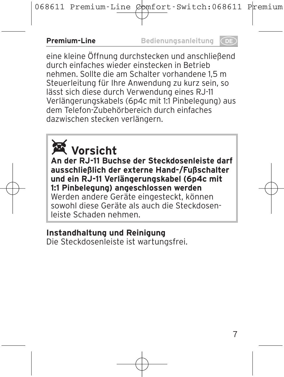 Vorsicht | Brennenstuhl Premium-Line Comfort Switch Plus extension socket 6-way black/light grey 3m H05VV-F 3G1,5 User Manual | Page 7 / 116