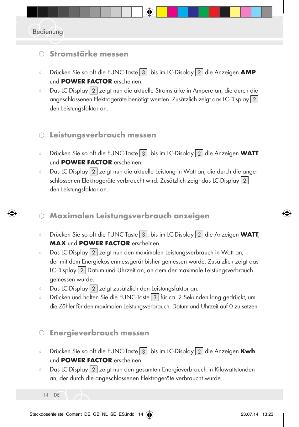 Stromstärke messen, Leistungsverbrauch messen, Maximalen leistungsverbrauch anzeigen | Energieverbrauch messen | Brennenstuhl Eco-Line extension socket energy meter EM 235 5-way white 1,5m H05VV-F 3G1.5 User Manual | Page 14 / 83