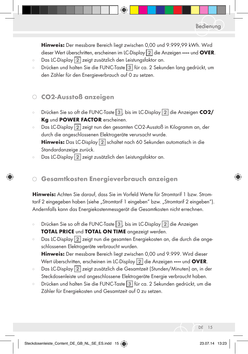 Co2-ausstoß anzeigen, Gesamtkosten energieverbrauch anzeigen, Bedienung | Brennenstuhl Eco-Line extension socket energy meter EM 235 5-way white 1,5m H05VV-F 3G1.5 User Manual | Page 15 / 83