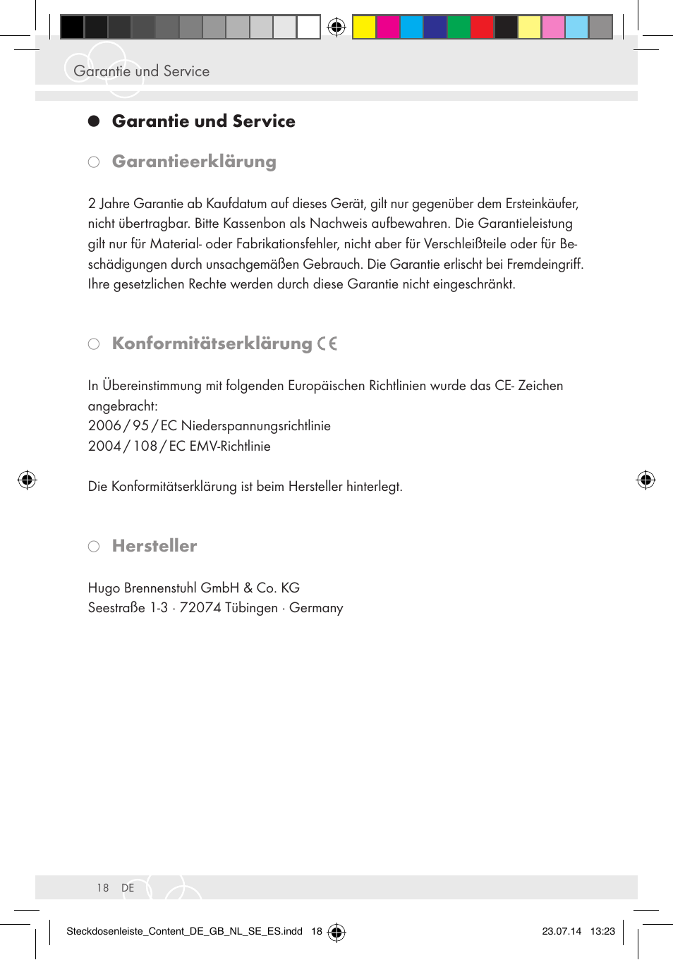Garantieerklärung, Konformitätserklärung, Hersteller | Garantie und service | Brennenstuhl Eco-Line extension socket energy meter EM 235 5-way white 1,5m H05VV-F 3G1.5 User Manual | Page 18 / 83