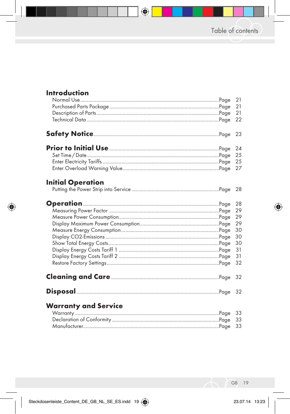 Table of contents introduction, Safety notice, Prior to initial use | Initial operation, Operation, Cleaning and care, Disposal, Warranty and service | Brennenstuhl Eco-Line extension socket energy meter EM 235 5-way white 1,5m H05VV-F 3G1.5 User Manual | Page 19 / 83