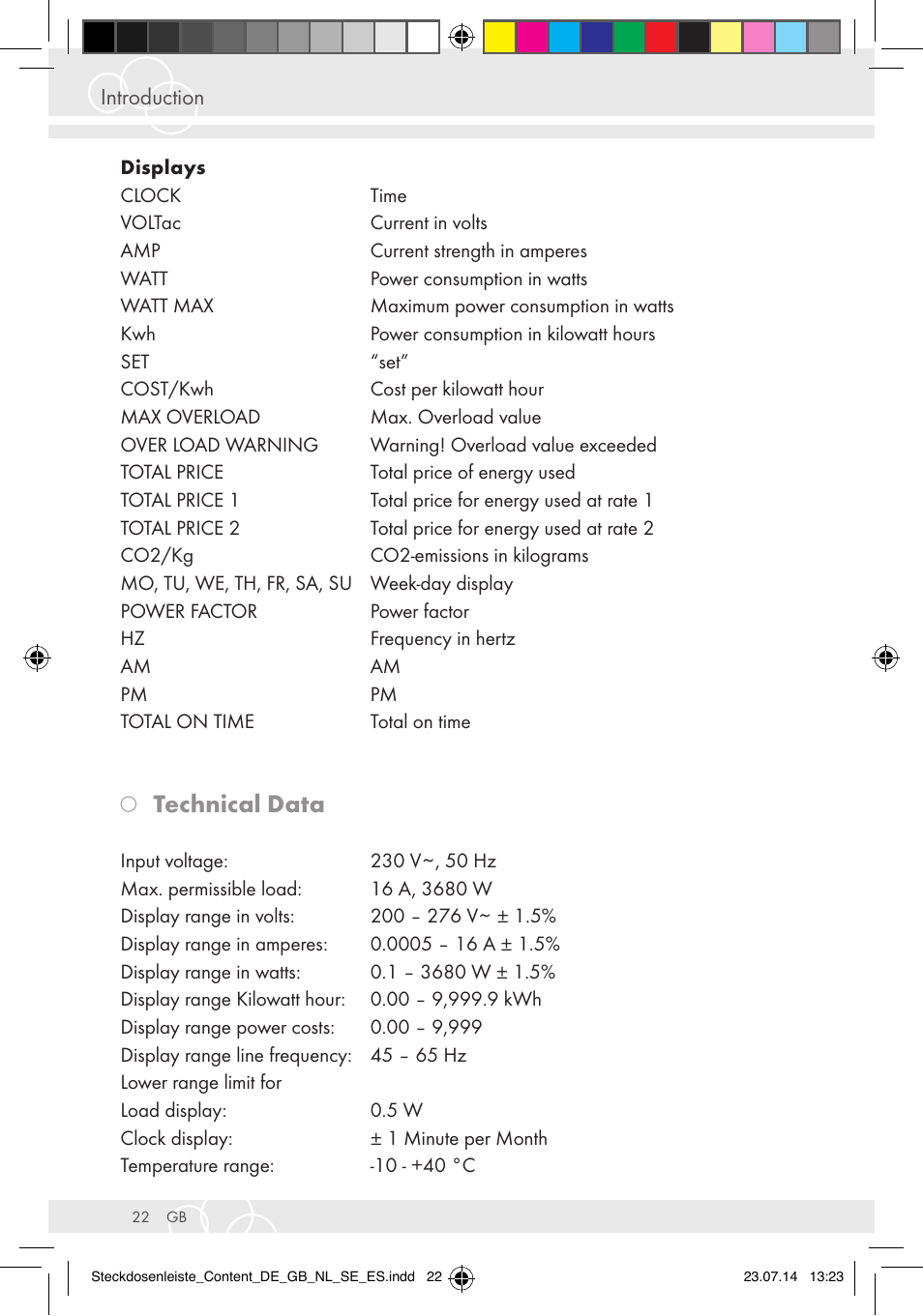 Technical data | Brennenstuhl Eco-Line extension socket energy meter EM 235 5-way white 1,5m H05VV-F 3G1.5 User Manual | Page 22 / 83
