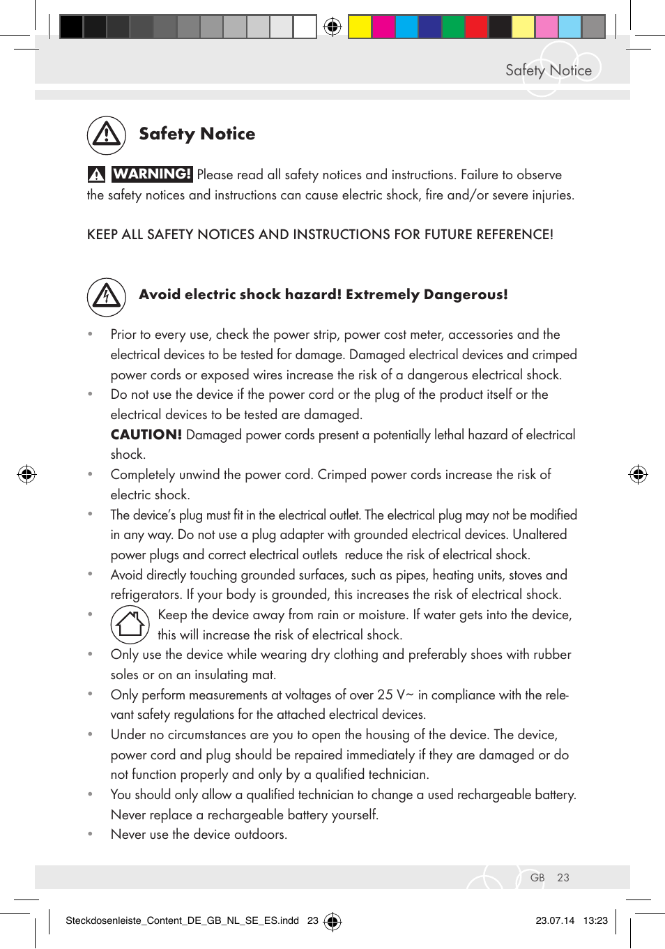 Safety notice | Brennenstuhl Eco-Line extension socket energy meter EM 235 5-way white 1,5m H05VV-F 3G1.5 User Manual | Page 23 / 83