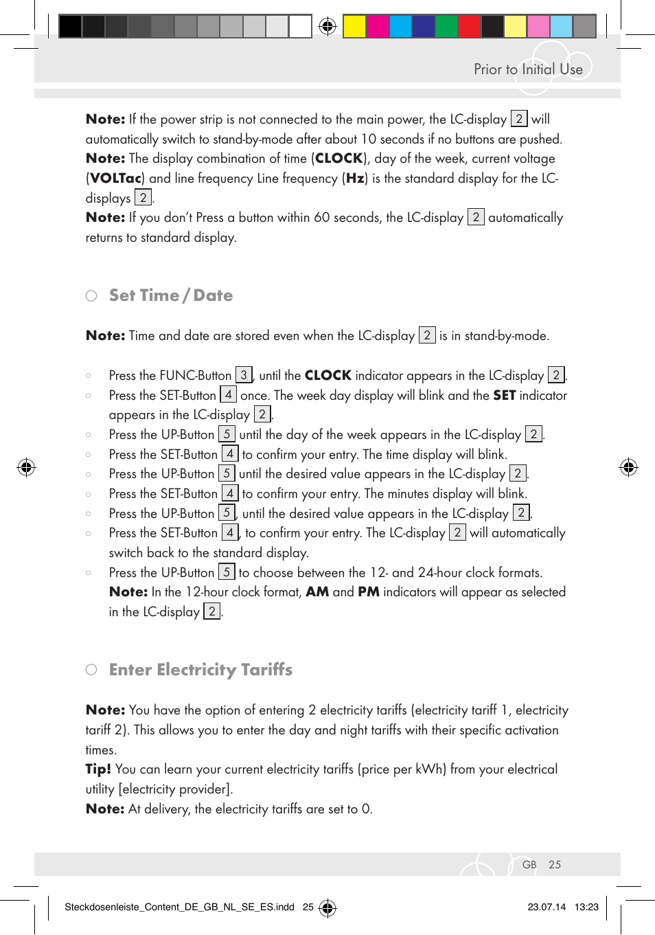 Set time / date, Enter electricity tariffs, Prior to initial use | Brennenstuhl Eco-Line extension socket energy meter EM 235 5-way white 1,5m H05VV-F 3G1.5 User Manual | Page 25 / 83
