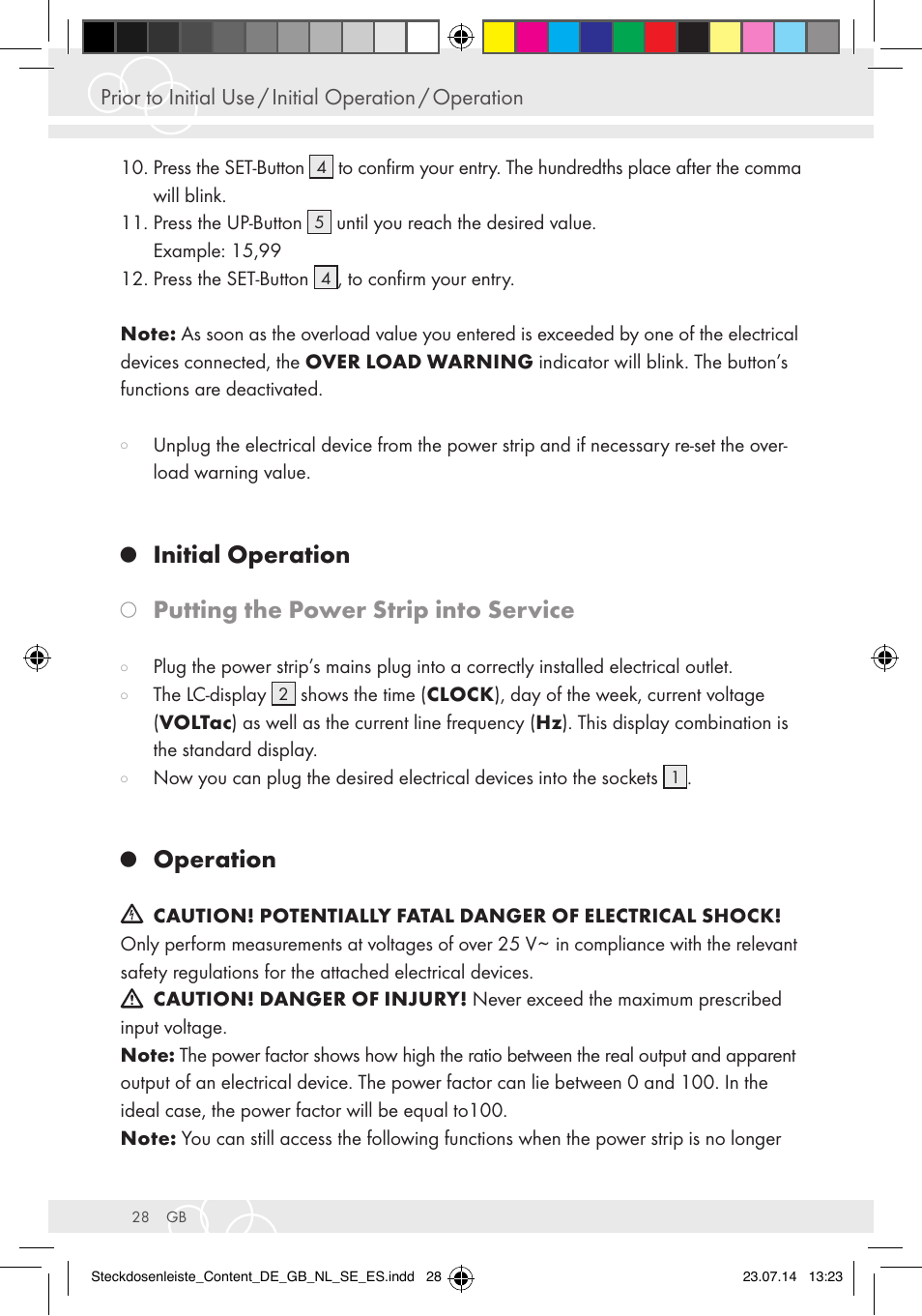 Initial operation, Putting the power strip into service, Operation | Brennenstuhl Eco-Line extension socket energy meter EM 235 5-way white 1,5m H05VV-F 3G1.5 User Manual | Page 28 / 83