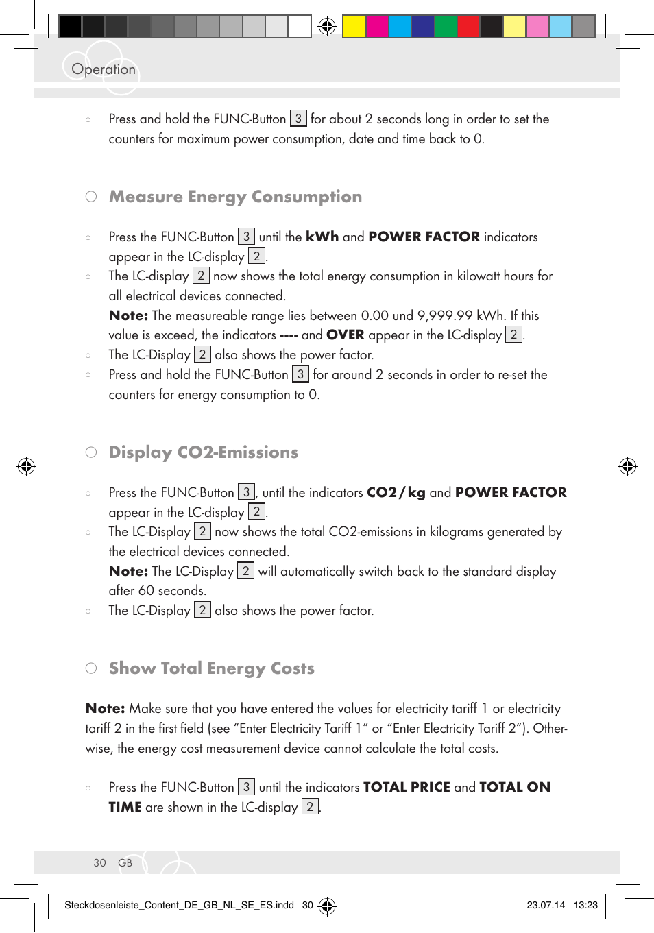 Measure energy consumption, Display co2-emissions, Show total energy costs | Operation | Brennenstuhl Eco-Line extension socket energy meter EM 235 5-way white 1,5m H05VV-F 3G1.5 User Manual | Page 30 / 83