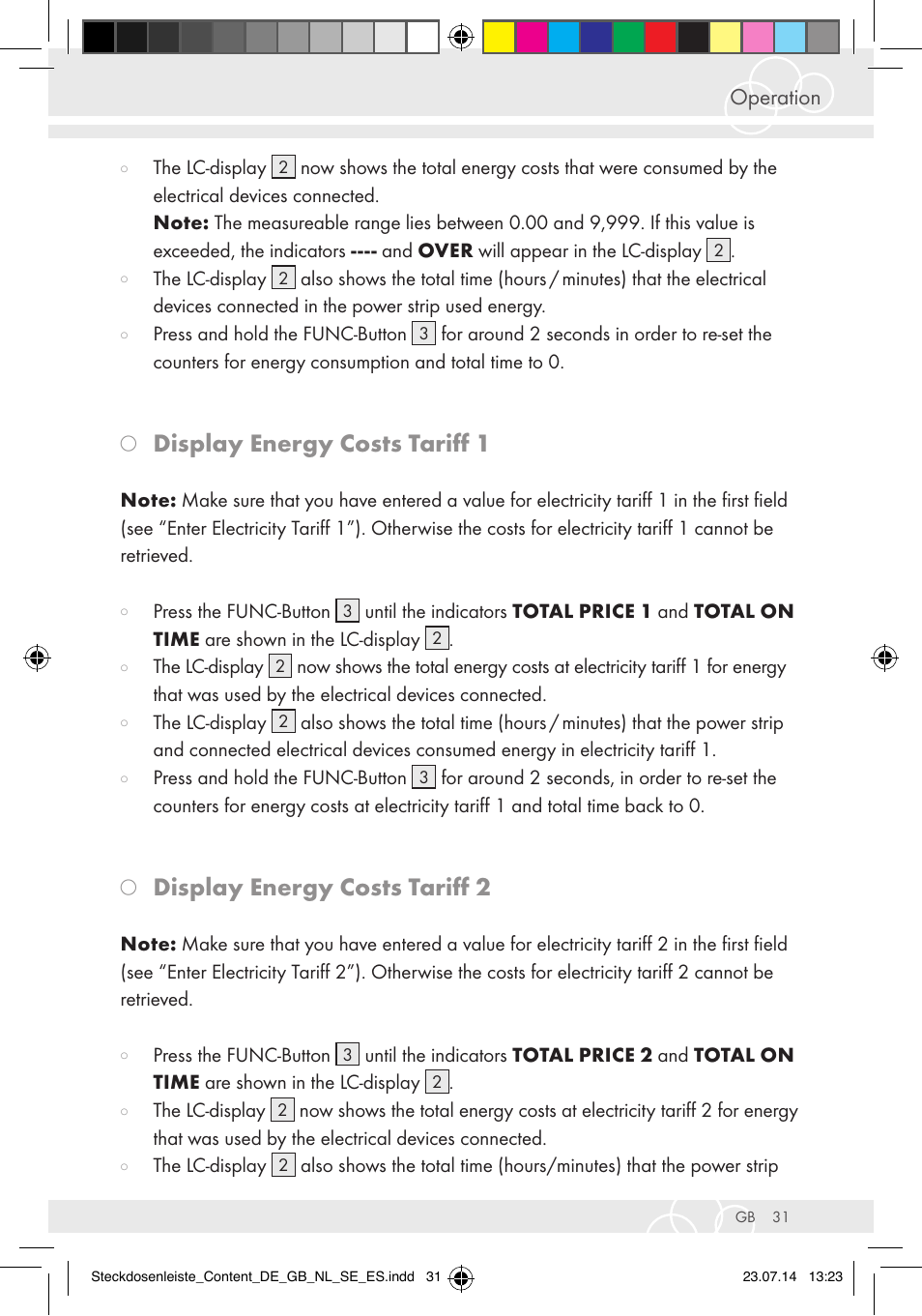 Display energy costs tariff 1, Display energy costs tariff 2, Operation | Brennenstuhl Eco-Line extension socket energy meter EM 235 5-way white 1,5m H05VV-F 3G1.5 User Manual | Page 31 / 83
