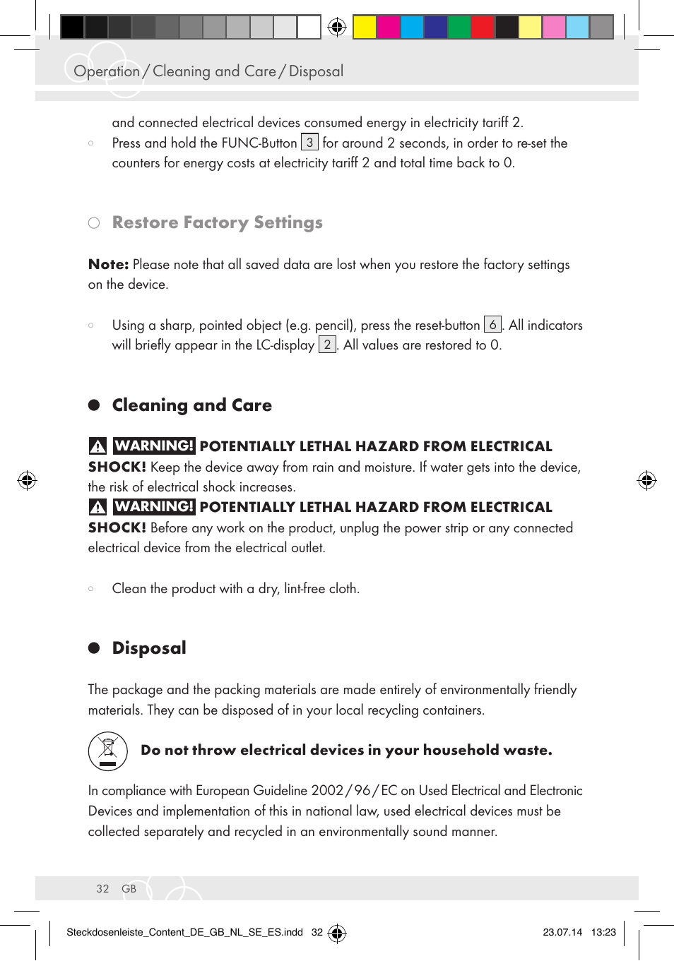 Restore factory settings, Cleaning and care, Disposal | Operation / cleaning and care / disposal | Brennenstuhl Eco-Line extension socket energy meter EM 235 5-way white 1,5m H05VV-F 3G1.5 User Manual | Page 32 / 83
