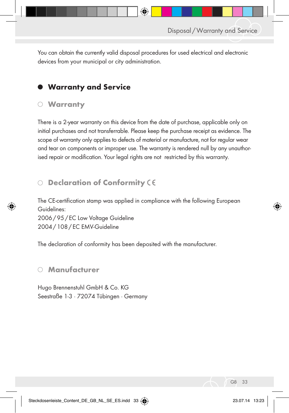Warranty and service, Warranty, Declaration of conformity | Manufacturer, Disposal / warranty and service | Brennenstuhl Eco-Line extension socket energy meter EM 235 5-way white 1,5m H05VV-F 3G1.5 User Manual | Page 33 / 83